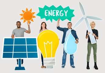 Diverse people holding energy saving icons