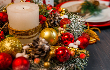 Christmas plate, silver, fir-tree, gift boxes, on wooden background