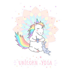 Vector illustration of hand drawn cute unicorn with toy rabbit, coffee and text - UNICORN YOGA on withe background. Cartoon style. Colored.