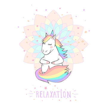 Vector illustration of hand drawn cute unicorn with stars and text - RELAXATION on withe background. Cartoon style. Colored.