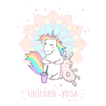 Vector illustration of hand drawn cute unicorn with bunny toy, coffee and text - UNICORN YOGA on withe background. Cartoon style. Colored.