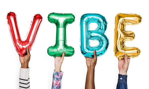Colorful alphabet balloons forming the word vibe