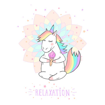 Vector illustration of hand drawn cute unicorn with stars and text - RELAXATION on withe background. Cartoon style. Colored.