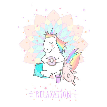 Vector illustration of hand drawn cute unicorn with bunny toy, coffee and text - RELAXATION on withe background. Cartoon style. Colored.