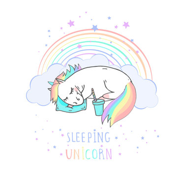 Vector illustration of hand drawn sleeping unicorn with coffee and text - SLEEPING UNICORN on withe background. Cartoon style. Colored.