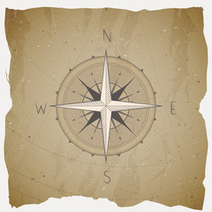 Vector illustration with a vintage compass or wind rose on grunge background. 