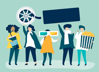 Characters of people holding movie icons illustration