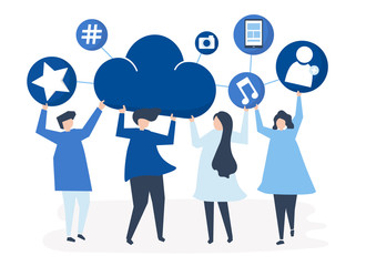 Fototapeta na wymiar People holding cloud and social networking icons illustration