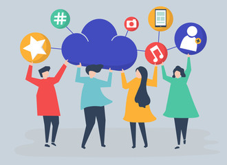 Fototapeta na wymiar People holding cloud and social networking icons illustration