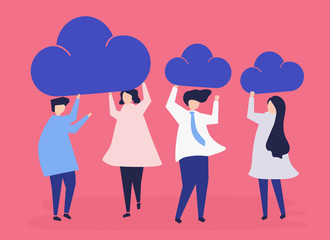 Characters of business people holding cloud icons illustration