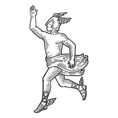 Hermes god of trade heraldry merchants commerce Ancient Greek religion engraving vector illustration. Scratch board style imitation. Black and white hand drawn image.