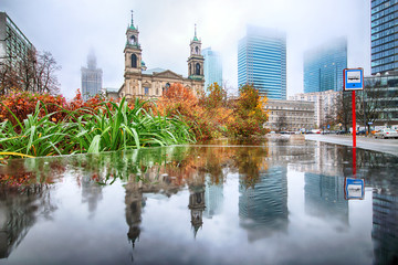 WARSAW, POLAND - NOVEMBER 3, 2018: Grzybowski Square is a triangular square in the downtown district of Warsaw, Poland, between Twarda, Bagno, Grzybowska and Krolewska streets. © promesaartstudio