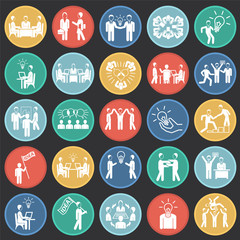 Fototapeta premium Coworking set on color circles black background icons