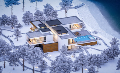 3d rendering of modern cozy house by the river with garage. Cool winter night with cozy warm light from windows. For sale or rent with beautiful mountains on background
