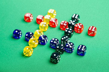 hashtag from dice on green background, side view