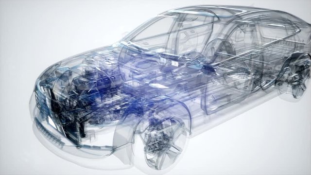 Holographic animation of 3D wireframe car model with engine and otter technical parts