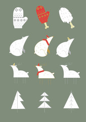 Stickers, pins an badges with white polar bear, white dear with knitted hat and scarf, christmas tree, knitted mittens and bear paw.