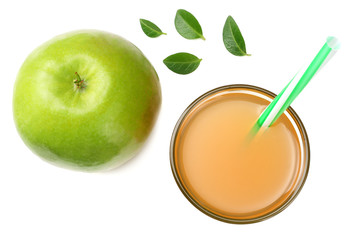 one green apple with apple juice isolated on white background. top view