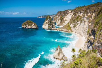 Amazing view of a secret beach with coconut palms and rocks in Nusa Penida, Bali