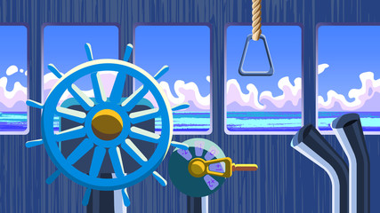 The captains bridge wich steering whell and engine order telegraph, and beuty seascape