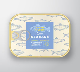 Canned Fish Label Template. Abstract Vector Fish Aluminium Container with Label Cover. Packaging Design. Modern Typography and Hand Drawn Sea Bass Silhouette Background Layout.