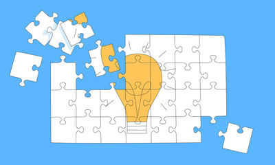 Business solution concept with light bulb puzzle. Collecting insights from the brainstorm into working solution hand drawn illustration. Problem solving and overcoming challenge vector design element.