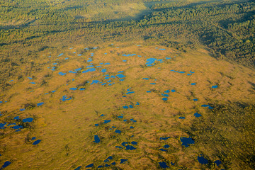 Areal view of bog wetlands in Estonia, Northern Europe in summer. Photographed from private plane. Due to scratches and reflections on plane`s window, there are few blurred spots on picture.