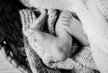Gloomy black and white photo close up of a newborn baby feet toes under a white soft knitted blanket, baby loss concept. 