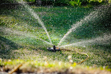 Lawn sprinkler spraying water over green grass, irrigation system.