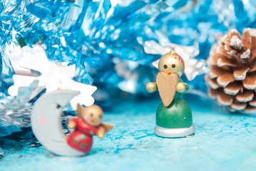 Composition Christmas holidays Christmas toys on a blue background with Christmas decorations. A...