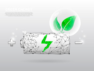 Battery Charging ECO Icon form lines and triangles point with a green leaf that grows of it on white background. Low poly wireframe, polygonal vector illustration
