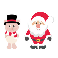 winter cartoon pig with scarf in hat and santa claus