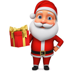 Character Santa Claus holding a gift on a white background. 3d rendering illustration for advertising.