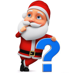 Cartoon character Santa Claus with a big question mark. 3d rendering. Illustration for advertising.