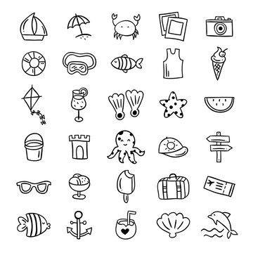 Beach hand drawn icons with summer lifestyle elements. Cute outline vector illustrations and travel symbols