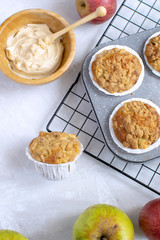 Flat lay of fresh baked apple muffins