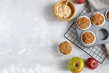 Flat lay of fresh baked apple muffins