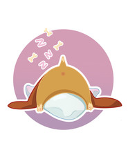 Tires basset hound dog sleeps on the big white pillow and see the dreams about sweet bones. Postcard, sticker.