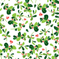 Fototapeta na wymiar Seamless winter floral pattern. Flat vector Christmas background with holly berry plant. Blue leaves and orange berries in tile modern wallpaper. Naive wrapping paper texture