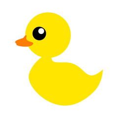 Rubber duck or ducky bath toy flat color icon for apps and websites. Simple yellow fluffy small duck.