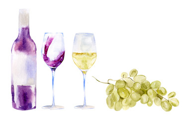 Watercolor vector illustration of red wine bottle with glasses and white grape. 
