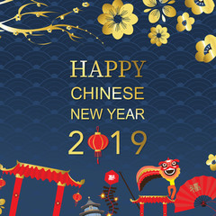Happy chinese new year with flower,lantern,temple,lion,firework in paper cut art and craft style