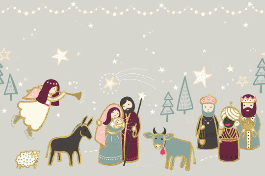 Christmas nativity scene illustration, seamless horizontal border