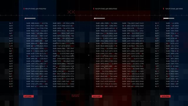 Programming code strings running on screen, hacking process, security beach. Abstract hacking background