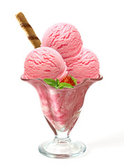 Strawberry ice cream and wafer stick in sundae cup or glass with fruits isolated on white background