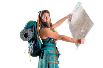Lost girl with backpack and map