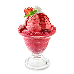 Strawberry ice cream and wafer stick in sundae cup or glass with fruits isolated on white background