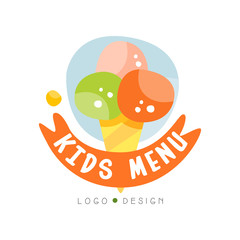 Kids menu logo design, healthy organic food colorful creative template with ice cream vector Illustration