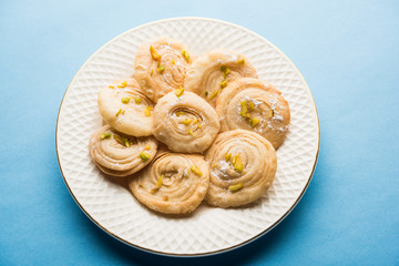 Chirote or Chiroti is a sweet dish from Karnataka and Maharashtra. Served in a plate as a dessert on Festivals or wedding. Selective focus