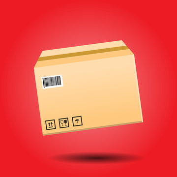 isolated package box flying with shadow in red background
